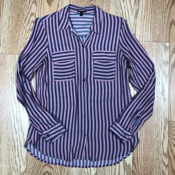 Express Tops - EXPRESS Gray & Pink Striped Button Down w Sleeves